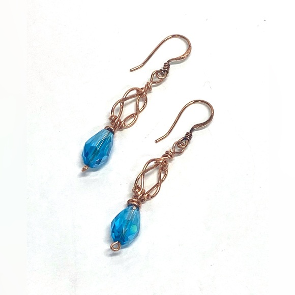 HANDMADE Love Knot Dangle Earrings Hand Wrapped Bare Copper and Crystal Jewelry - Picture 7 of 10